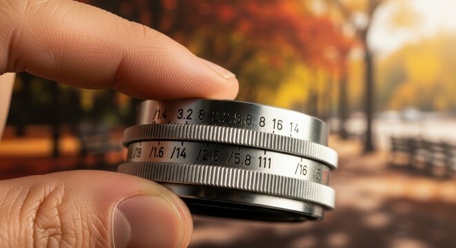 Hand holding camera lens outdoors in park.