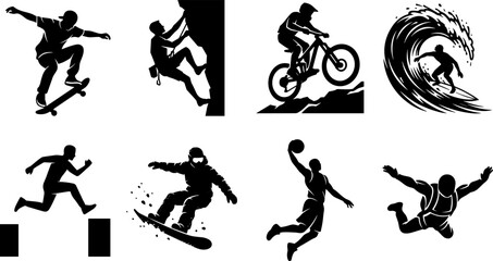 Vector silhouettes of extreme sports and outdoor activities including skateboarding, rock climbing, mountain biking, surfing, snowboarding, and skydiving © Utpal