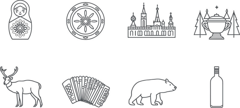 Minimalist vector line art icon set featuring Russian cultural heritage landmarks and traditional symbols including matryoshka doll kremlin bear accordion isolated on white background