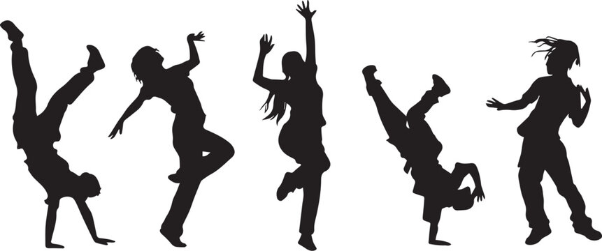 Dynamic hip hop dancers silhouettes, urban street dance performers set, breakdancing and acrobatic movement vector illustrations