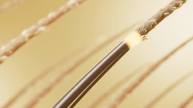 3D animation showing a damaged hair strand with lifted cuticles gradually transforming into a smooth and shiny surface. Macro visualization of hair restoration and improved hair appearance.