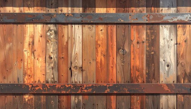 Rustic weathered wooden fence with two rusty metal horizontal bands