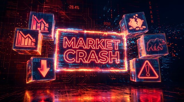 Neon market crash display showing financial decline with digital cubes and warning lights.