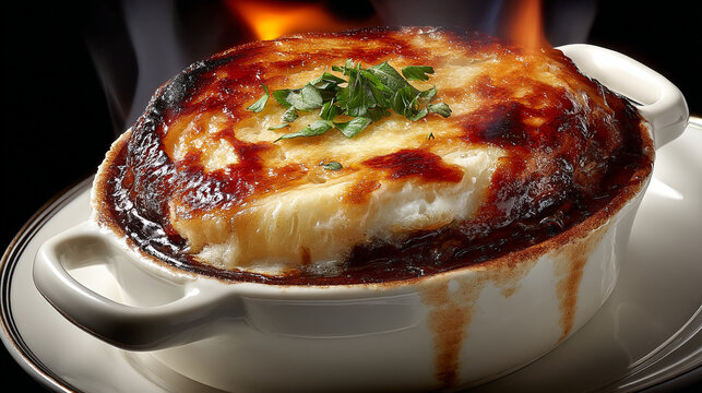 French onion soup in a ceramic ramekin with melted cheese and herbs delicious culinary