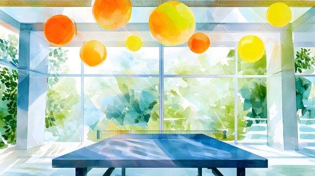 Modern recreation showcases a ping pong table bathed in light airy design evokes serenity and creative playfulness