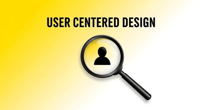 User Centered Design concept with magnifying glass, human icon for UX research, yellow and white professional business presentation background