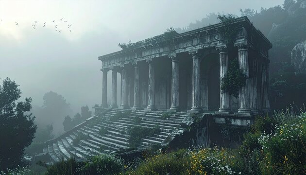 Ancient Greek temple ruins shrouded in morning mist.