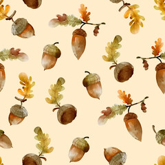 seamless watercolor pattern autumn acorn leaves © WatercolorDigitalArt