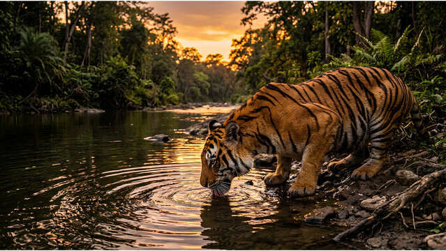 Bengal tiger drinking water from a river in the jungle at sunset.
