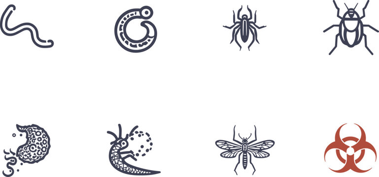 Hand drawn vector line art icon set featuring various biological pests parasites and biohazard signs including worm tick mosquito bug virus isolated on white