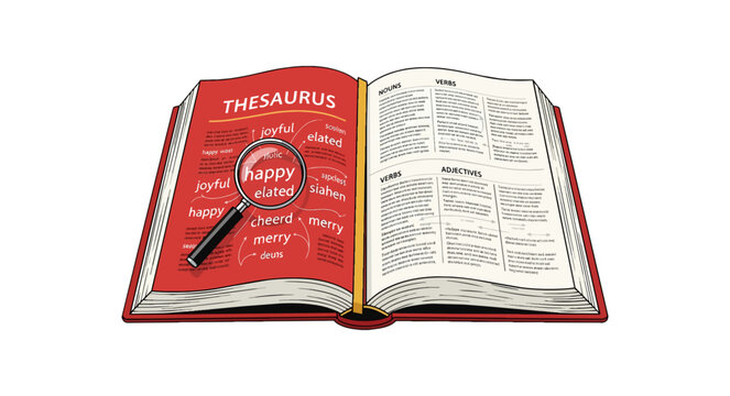 Open thesaurus with magnifying glass focusing on the word happy.
