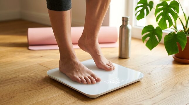 Person stepping on digital floor scale for weight check at home