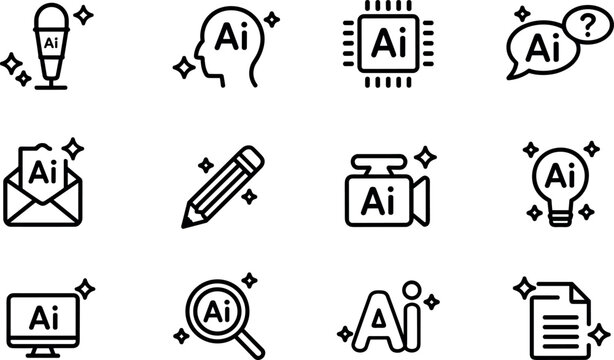 Set of flat design icons featuring artificial intelligence and communication tools