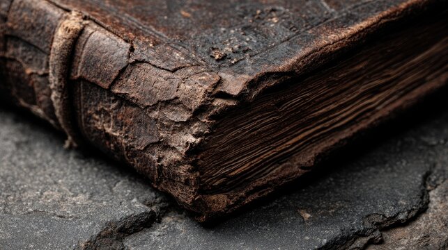 Aged, weathered leather-bound book with frayed pages resting on stone