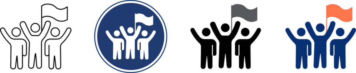 Obraz premium Group of people raising hands with a flag icon set representing victory leadership team success and unity concepts Vector