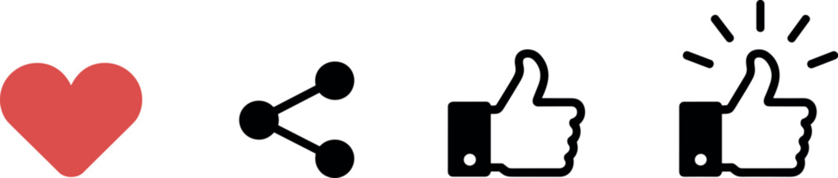 Set of four simple social media reaction icons with red heart, handshake, thumbs up and fist bump
