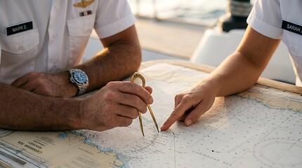 Maritime officers planning a route on a nautical map at sunset © Siti