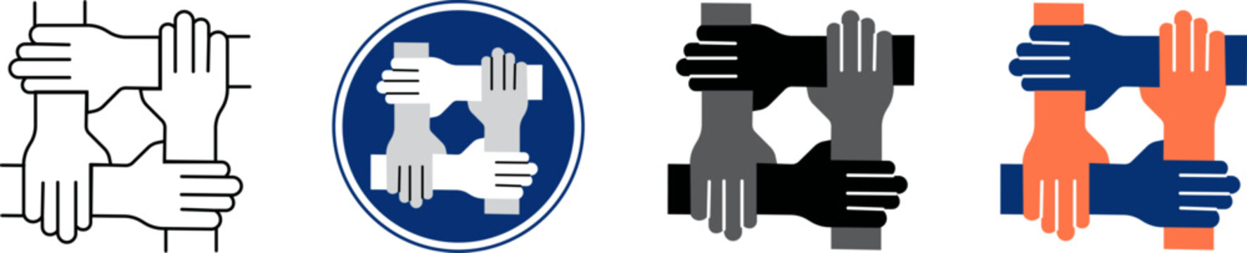 Set of four hands holding each other in a circle representing teamwork unity cooperation and business partnership Vector