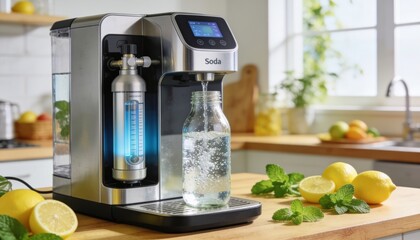 Obraz premium Soda machine with carbonator on kitchen counter beside lemons and sparkling bottle detail
