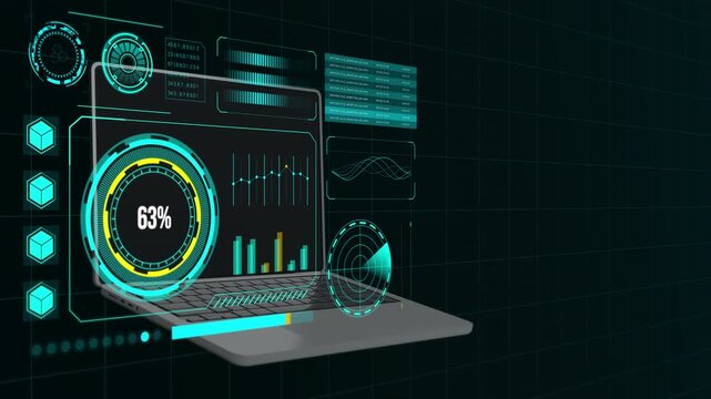 A futuristic digital interface displayed on a transparent laptop screen showcases data visualization with loading bars, graphs, charts, and circular progress indicators against a dark grid