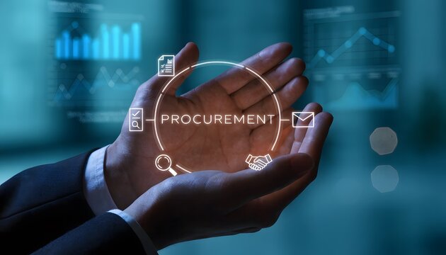 Hands Holding a Glowing Procurement Interface Showing Digital Icons, Contract and Email Symbols for Modern Supply Chain Sourcing and Purchasing Management Featuring Contracting, E-Mail