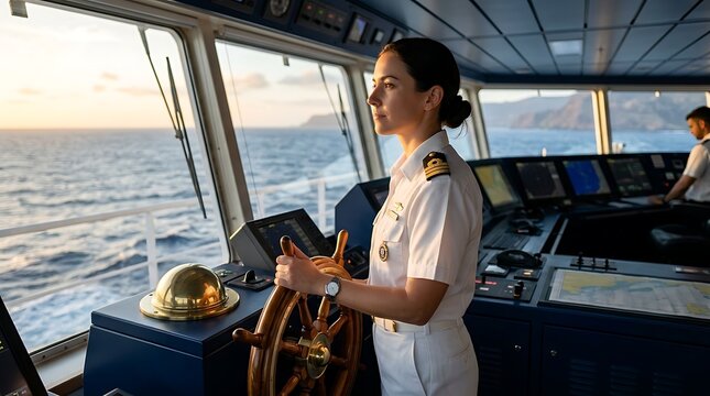 Female Captain Navigating a Ship on the Open Sea, Steering with Determination
