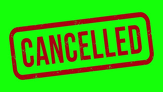 A grunge red "CANCELLED" rubber stamp effect animates and rotates on a vibrant green screen, signifying revocation or termination.