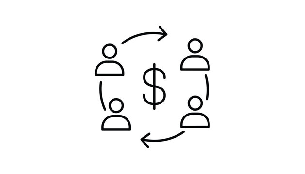 Simple black line icon representing a group of people transferring money with a dollar sign in the center and curved arrows.