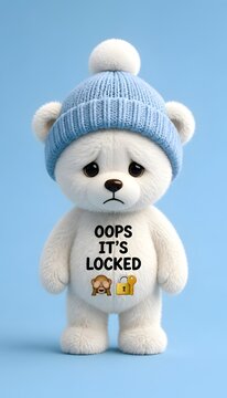 Cute white teddy bear wearing blue hat with oops it's locked text on belly