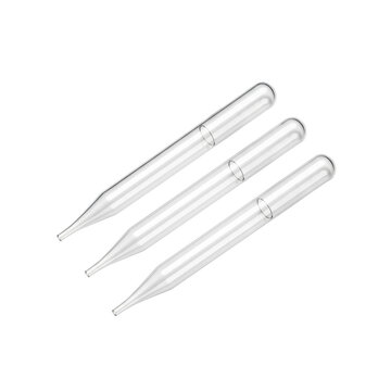 Three clear glass pasteur pipettes arranged diagonally on a transparent background, showcasing light refraction and delicate transparency, scientific precision atmosphere
