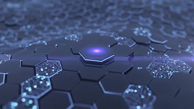 A dark abstract background featuring a pattern of glowing blue hexagonal shapes