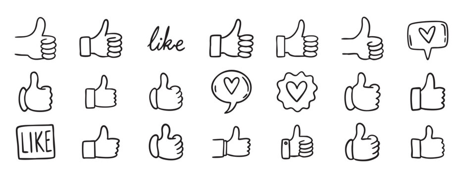 Thumbs up like doodle hand drawn icon set. Social media approval button. Hand gesture vector illustration for web design