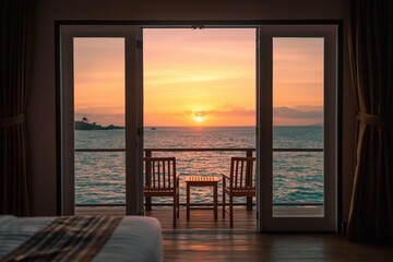 Obraz premium Sunset over ocean from luxury villa bedroom with tropical view and private deck