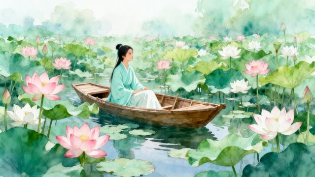 Watercolor illustration of the lotus pond for women in blue and Hanfu.