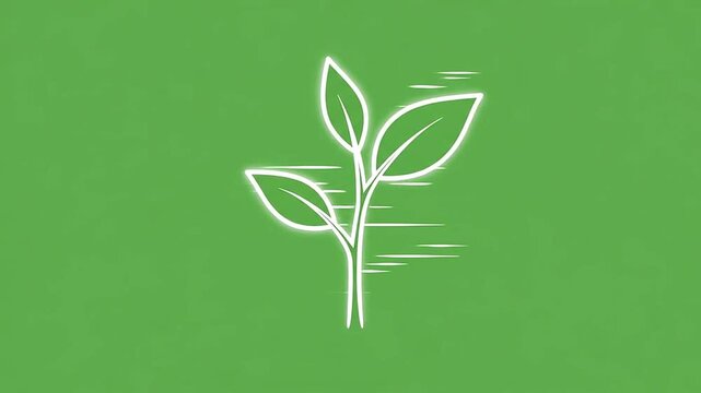 A simple white line drawing of a small plant sprout on a solid green background