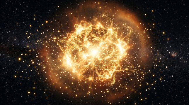 Cosmic supernova explosion with golden particle sparks in deep space nebula