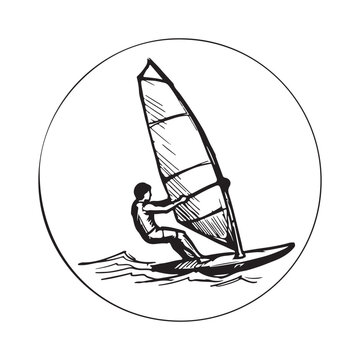 Wind surfing sketch icon for web and mobile. Hand drawn vector dark grey icon on light grey background.
