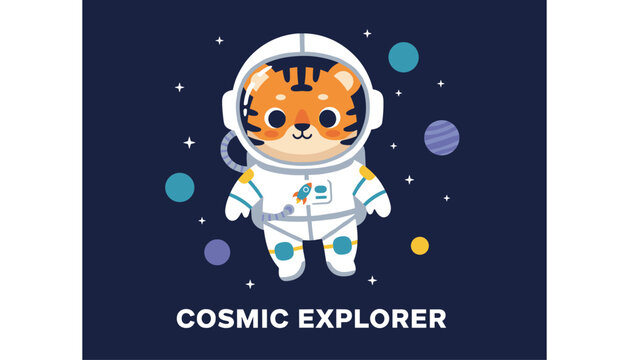 Adorable cartoon tiger dressed as an astronaut floating in deep space among stars and colorful planets, cosmic explorer card.