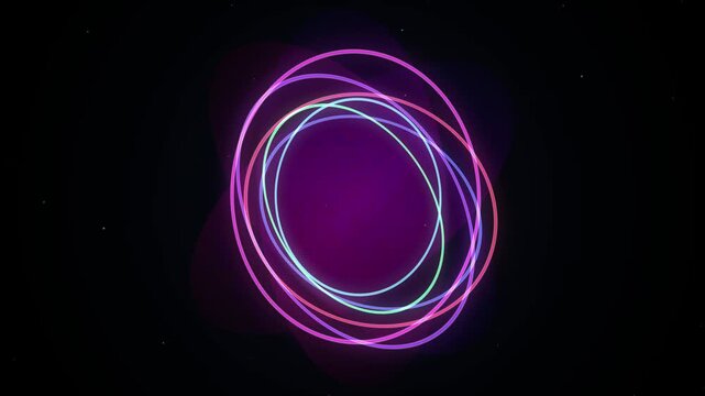 Abstract glowing neon light trails forming circles and ellipses on a dark background.