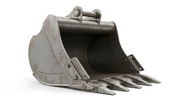 Heavy duty steel escavator bucket with metal teeth isolated on white background, used for industrial digging and construction work.