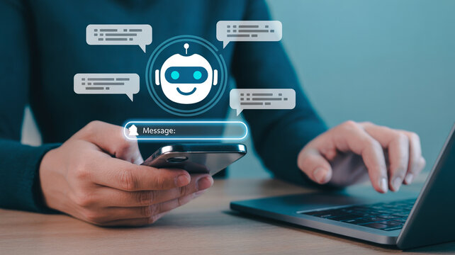 Business professional using smartphone with artificial intelligence chatbot interface.