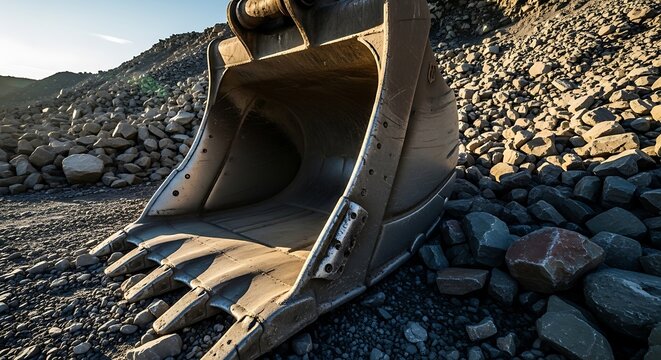 Close-up of a heavy duty escavator bucket resting on a pile of stones and gravel at an industrial quarry construction site during sunset