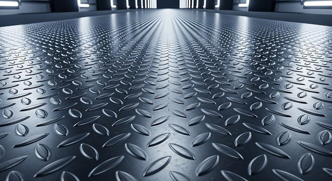 A high-quality 3d rendered texture featuring a metallic surface with a dimond plate pattern and industrial lighting effects in a spacious corridor