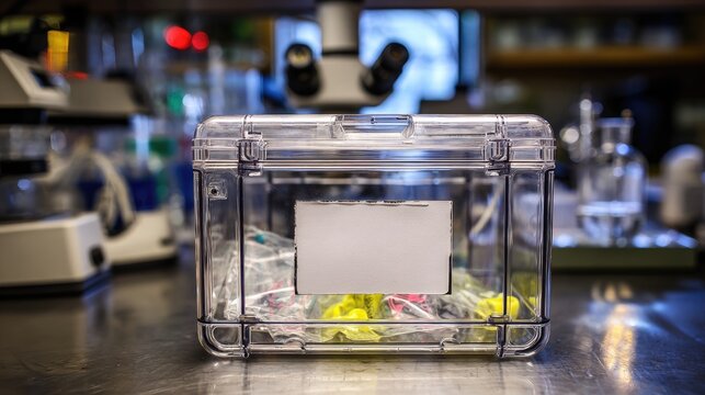 Clear plastic case holding sealed bags on a lab counter