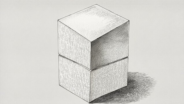 A hand drawn sketch of a geometric cube structure with detailed cross hatching shading techniques on a clean light grey textured paper background