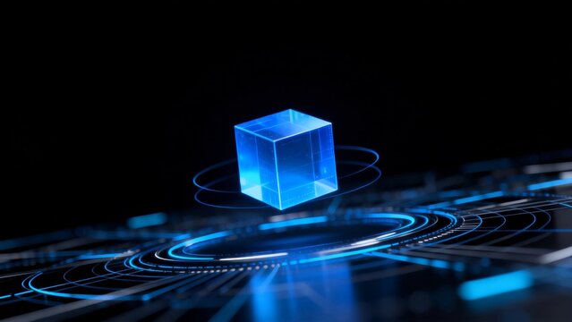 3D visual scene of blue light transparent cube array in science and technology