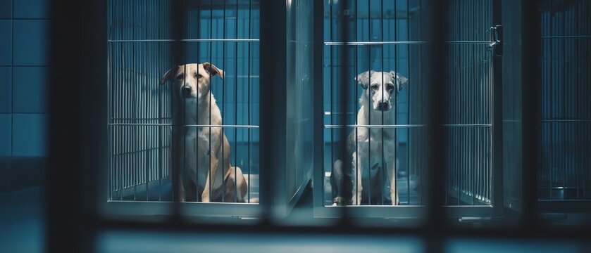 Two dogs waiting in a shelter cage.