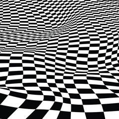 Naklejka premium Modern abstract background checkerboard pattern with flowing wave effects and optical illusion aesthetics. This dynamic geometric design creates a sense of movement and depth, making it ideal for post