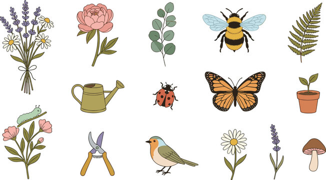 Hand drawn botanical and wildlife collection featuring flowers, bee, butterfly, bird, fern leaves and garden nature elements