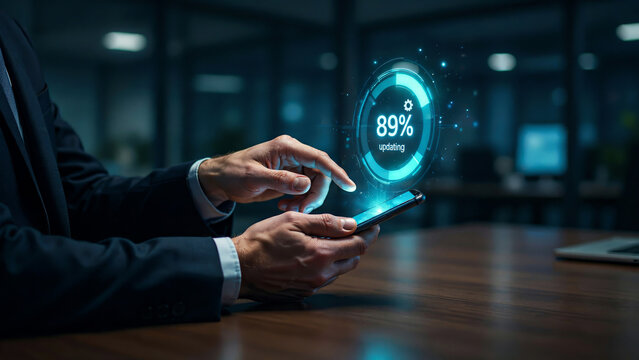 Businessman using smartphone to monitor system update progress with eighty nine percent loading bar.